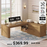 SEDETA 63 Inch Farmhouse Executive L Shaped Desk with Drawers Corner Computer Desk with File Drawers Office Desk with Storage Cabinet Power Outlet Modern L Desk for Home Office