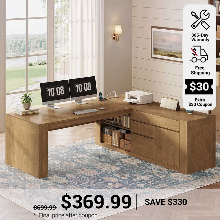 SEDETA 63 Inch Farmhouse Executive L Shaped Desk with Drawers Corner Computer Desk with File Drawers Office Desk with Storage Cabinet Power Outlet Modern L Desk for Home Office