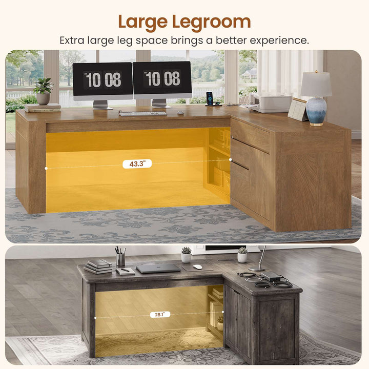 SEDETA 63 Inch Farmhouse Executive L Shaped Desk with Drawers Corner Computer Desk with File Drawers Office Desk with Storage Cabinet Power Outlet Modern L Desk for Home Office