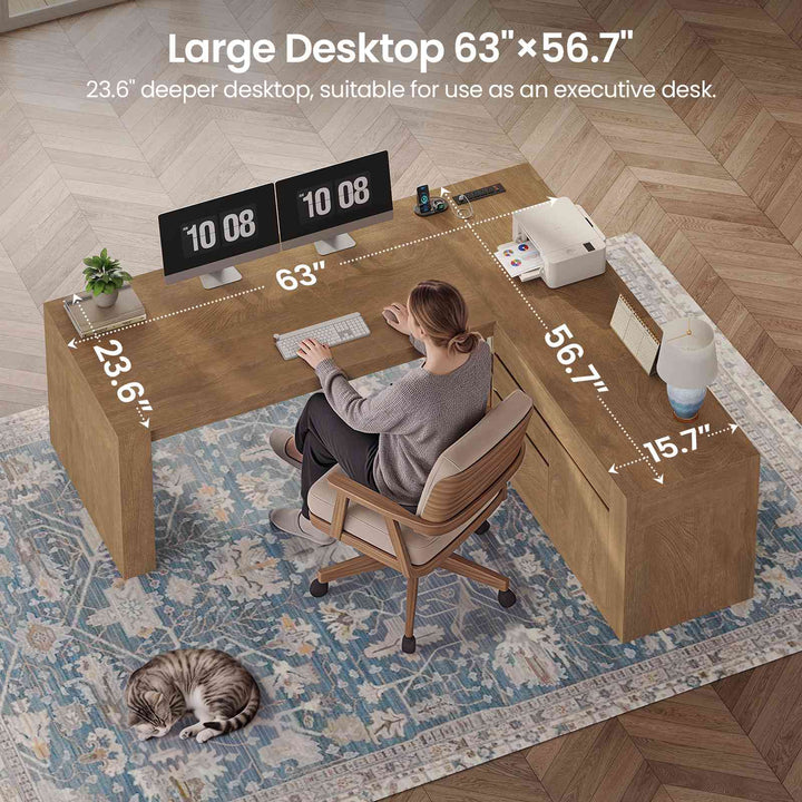 SEDETA 63 Inch Farmhouse Executive L Shaped Desk with Drawers Corner Computer Desk with File Drawers Office Desk with Storage Cabinet Power Outlet Modern L Desk for Home Office