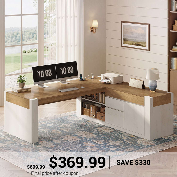 SEDETA 63 Inch Farmhouse Executive L Shaped Desk with Drawers Corner Computer Desk with File Drawers Office Desk with Storage Cabinet Power Outlet Modern L Desk for Home Office