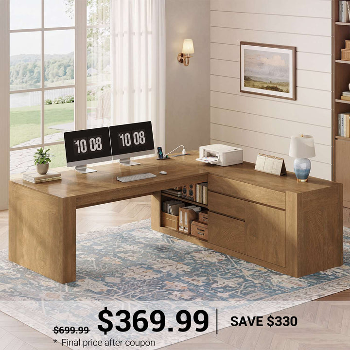 SEDETA 63 Inch Farmhouse Executive L Shaped Desk with Drawers Corner Computer Desk with File Drawers Office Desk with Storage Cabinet Power Outlet Modern L Desk for Home Office