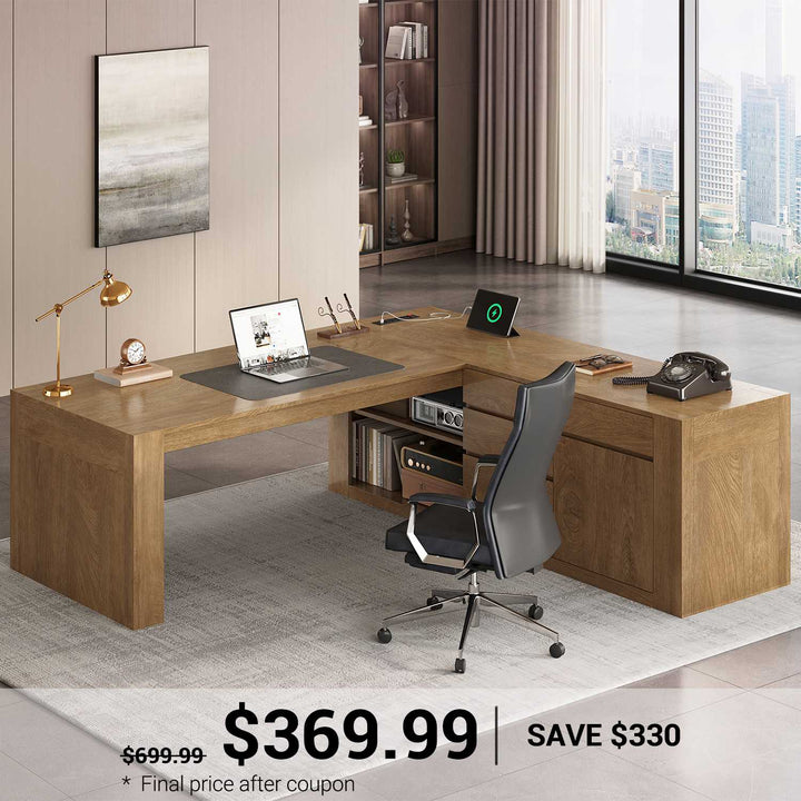 SEDETA 63 Inch Farmhouse Executive L Shaped Desk with Drawers Corner Computer Desk with File Drawers Office Desk with Storage Cabinet Power Outlet Modern L Desk for Home Office
