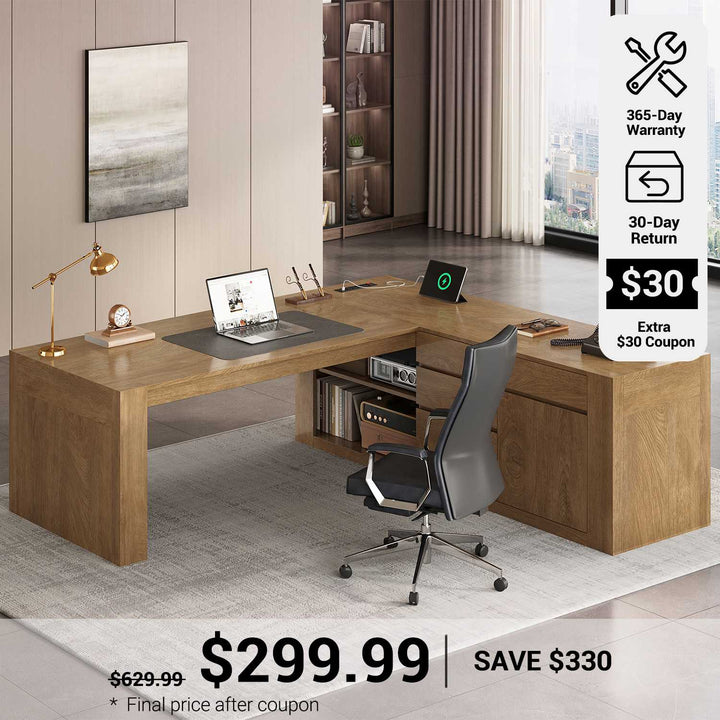 SEDETA® 63 Inch L Shaped Corner Computer Desk with File Drawers Farmhouse Executive Desk with Drawers Office Desk with Storage Cabinet Power Outlet Modern L Desk for Home Office