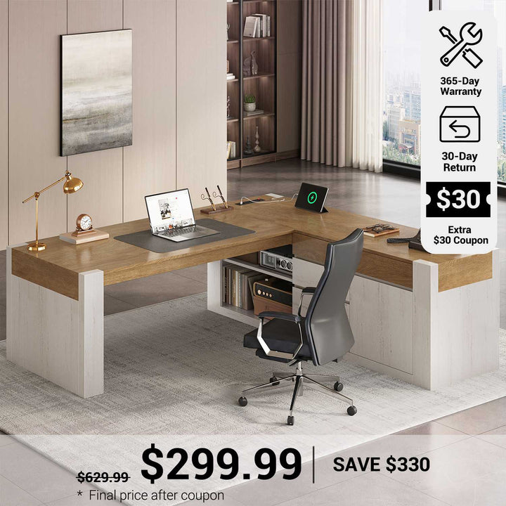 SEDETA® 63 Inch L Shaped Corner Computer Desk with File Drawers Farmhouse Executive Desk with Drawers Office Desk with Storage Cabinet Power Outlet Modern L Desk for Home Office
