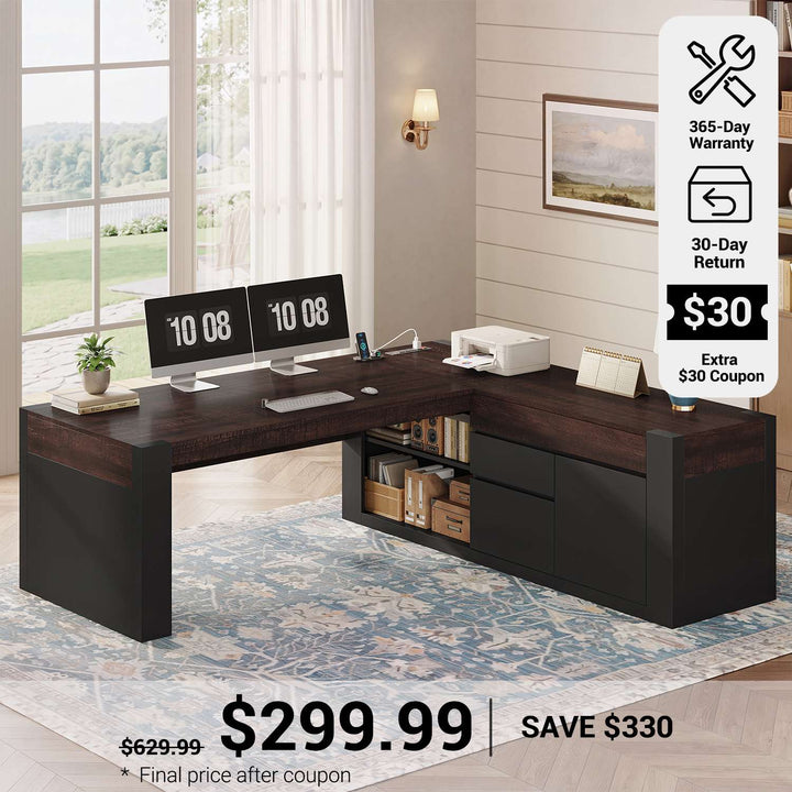 SEDETA® 63 Inch L Shaped Corner Computer Desk with File Drawers Farmhouse Executive Desk with Drawers Office Desk with Storage Cabinet Power Outlet Modern L Desk for Home Office