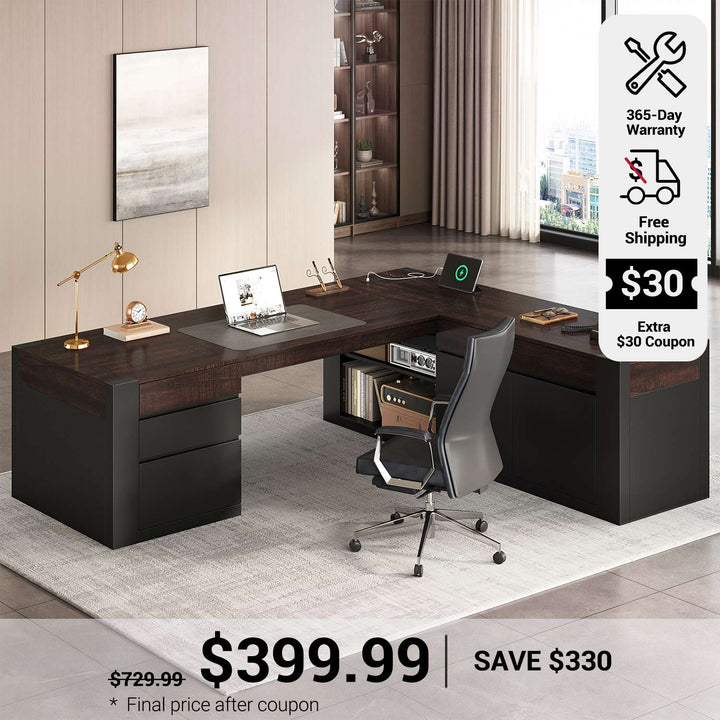 SEDETA 70.1 Inch Farmhouse Executive L Shaped Desk with Drawers Large Office Computer Desk with File Drawers Adjustable Storage Cabinet Power Outlet Modern L Desk for Home Office
