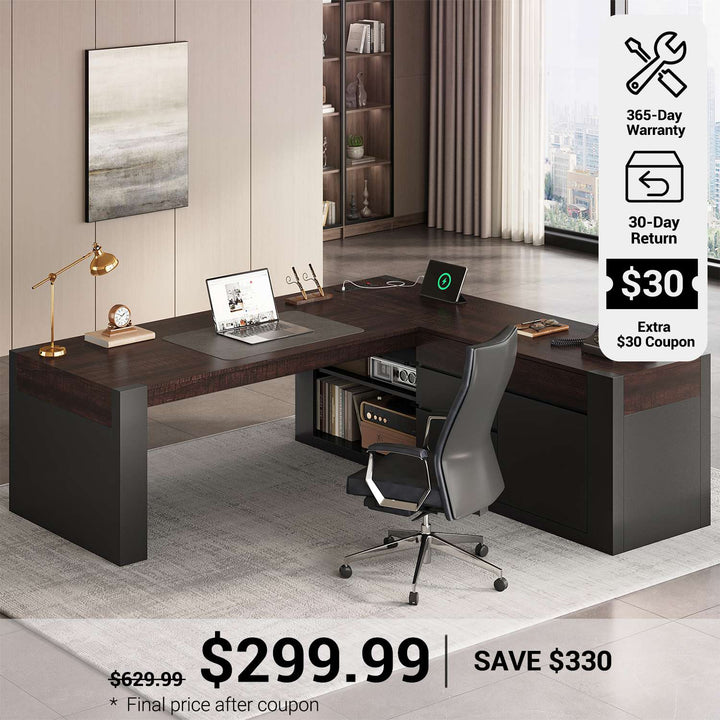 SEDETA® 63 Inch L Shaped Corner Computer Desk with File Drawers Farmhouse Executive Desk with Drawers Office Desk with Storage Cabinet Power Outlet Modern L Desk for Home Office