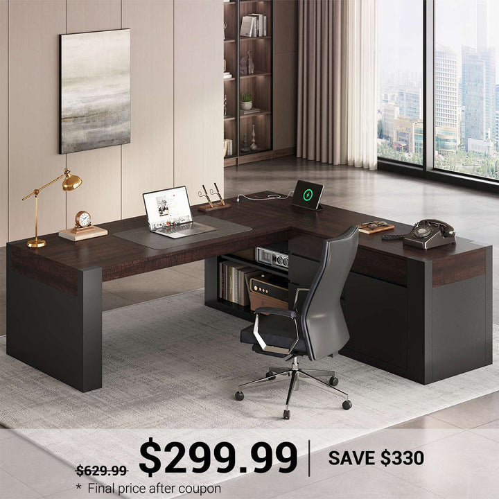 SEDETA | 63 Inch L Shaped Home Office Desk with File Drawers Farmhouse Executive Desk with Drawers Computer Desk with Storage Cabinet Power Outlet Modern L Desk for Home Office