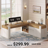 SEDETA | 63 Inch L Shaped Home Office Desk with File Drawers Farmhouse Executive Desk with Drawers Computer Desk with Storage Cabinet Power Outlet Modern L Desk for Home Office