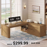 SEDETA | 63 Inch L Shaped Home Office Desk with File Drawers Farmhouse Executive Desk with Drawers Computer Desk with Storage Cabinet Power Outlet Modern L Desk for Home Office