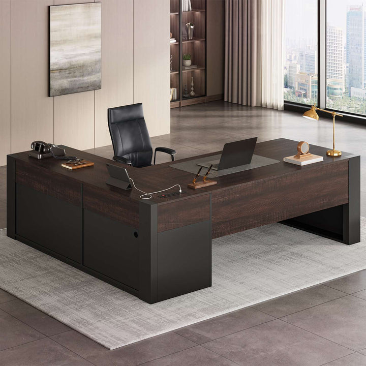SEDETA 63 Inch Farmhouse Executive L Shaped Desk with Drawers Corner Computer Desk with File Drawers Office Desk with Storage Cabinet Power Outlet Modern L Desk for Home Office