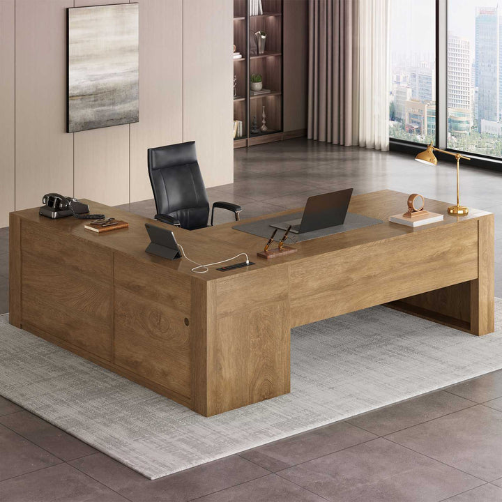 SEDETA 63 Inch Farmhouse Executive L Shaped Desk with Drawers Corner Computer Desk with File Drawers Office Desk with Storage Cabinet Power Outlet Modern L Desk for Home Office