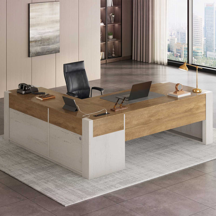 SEDETA 63 Inch Farmhouse Executive L Shaped Desk with Drawers Corner Computer Desk with File Drawers Office Desk with Storage Cabinet Power Outlet Modern L Desk for Home Office