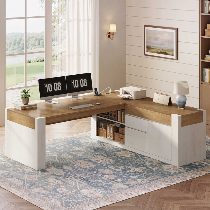 SEDETA 63 Inch Farmhouse Executive L Shaped Desk with Drawers Corner Computer Desk with File Drawers Office Desk with Storage Cabinet Power Outlet Modern L Desk for Home Office
