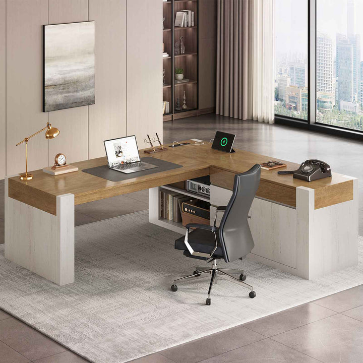 SEDETA 63 Inch Farmhouse Executive L Shaped Desk with Drawers Corner Computer Desk with File Drawers Office Desk with Storage Cabinet Power Outlet Modern L Desk for Home Office