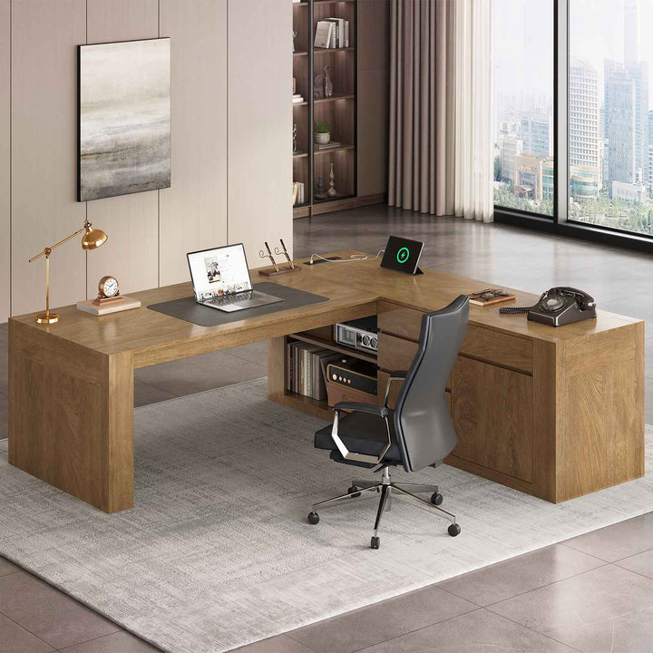 SEDETA 63 Inch Farmhouse Executive L Shaped Desk with Drawers Corner Computer Desk with File Drawers Office Desk with Storage Cabinet Power Outlet Modern L Desk for Home Office
