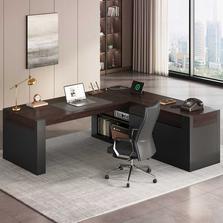 SEDETA 63 Inch Farmhouse Executive L Shaped Desk with Drawers Corner Computer Desk with File Drawers Office Desk with Storage Cabinet Power Outlet Modern L Desk for Home Office