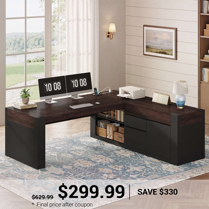 SEDETA | 63 Inch L Shaped Home Office Desk with File Drawers Farmhouse Executive Desk with Drawers Computer Desk with Storage Cabinet Power Outlet Modern L Desk for Home Office