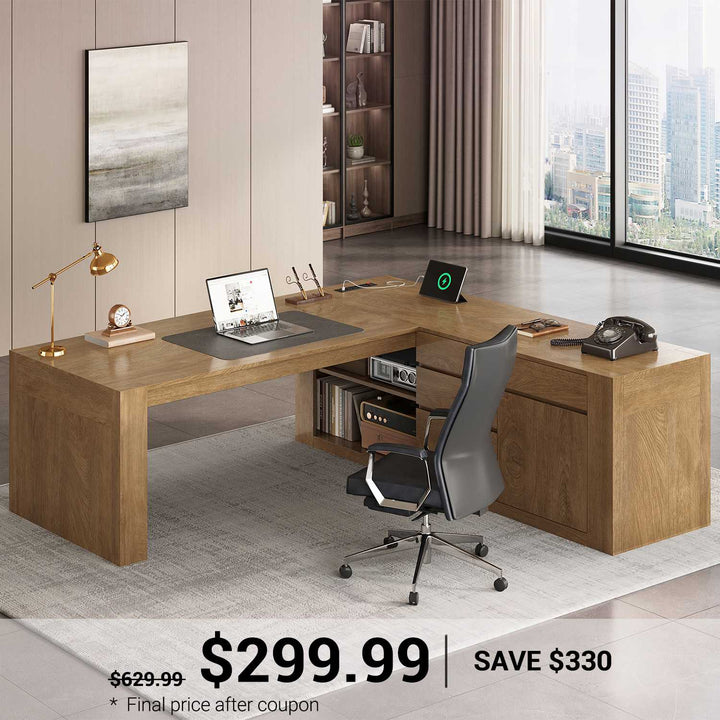SEDETA | 63 Inch L Shaped Home Office Desk with File Drawers Farmhouse Executive Desk with Drawers Computer Desk with Storage Cabinet Power Outlet Modern L Desk for Home Office