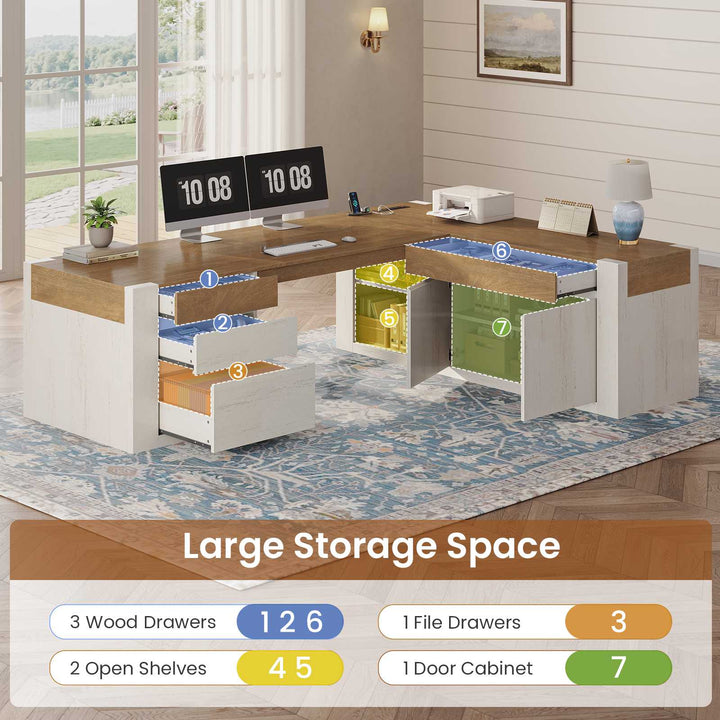 SEDETA 70.1 Inch Farmhouse Executive L Shaped Desk with Drawers Large Office Computer Desk with File Drawers Adjustable Storage Cabinet Power Outlet Modern L Desk for Home Office