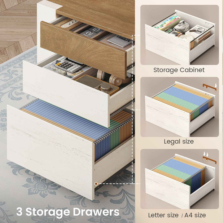 SEDETA 70.1 Inch Farmhouse Executive L Shaped Desk with Drawers Large Office Computer Desk with File Drawers Adjustable Storage Cabinet Power Outlet Modern L Desk for Home Office