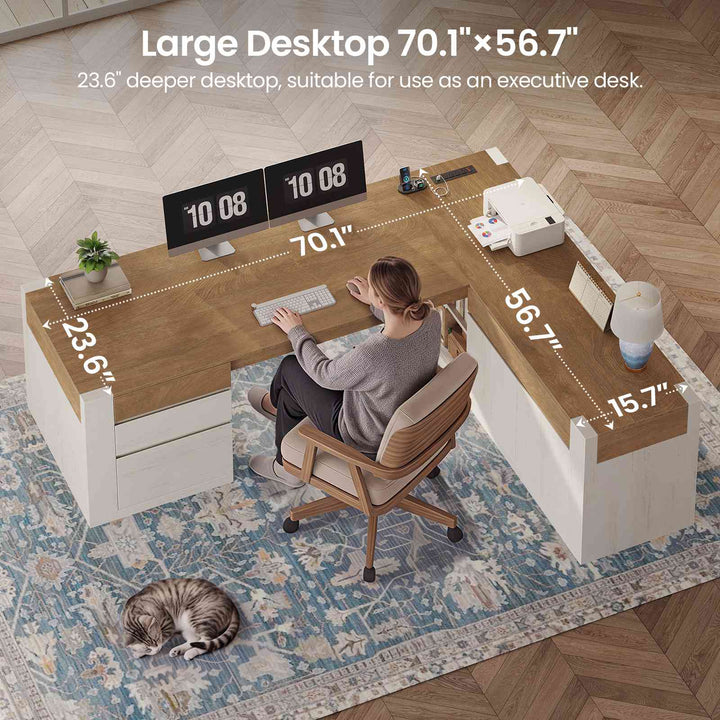 SEDETA 70.1 Inch Farmhouse Executive L Shaped Desk with Drawers Large Office Computer Desk with File Drawers Adjustable Storage Cabinet Power Outlet Modern L Desk for Home Office