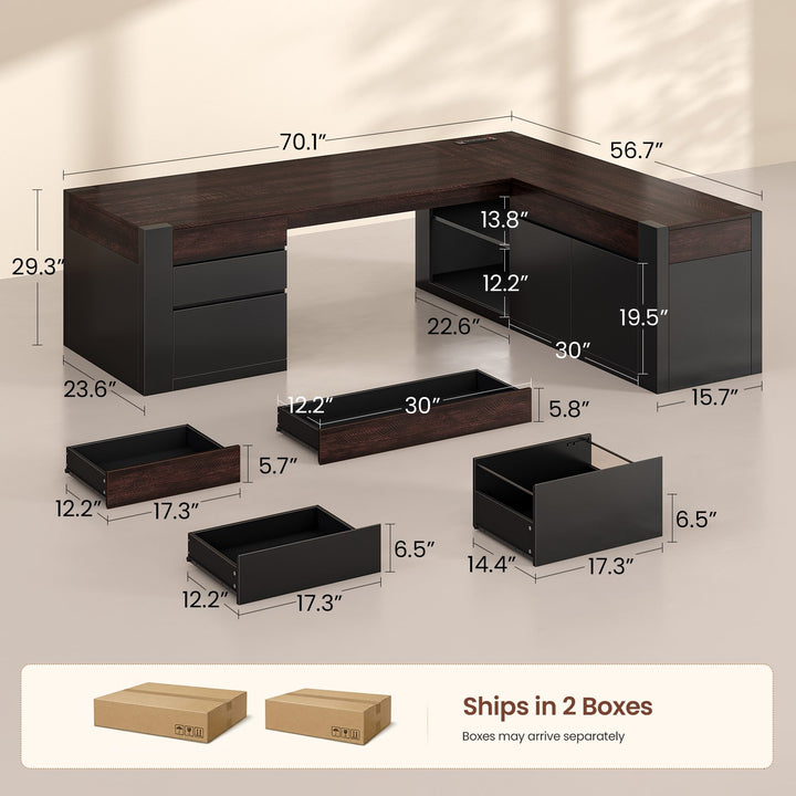 SEDETA 70.1 Inch Farmhouse Executive L Shaped Desk with Drawers Large Office Computer Desk with File Drawers Adjustable Storage Cabinet Power Outlet Modern L Desk for Home Office
