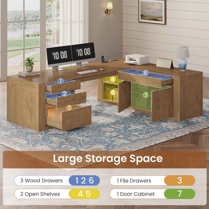 SEDETA 70.1 Inch Farmhouse Executive L Shaped Desk with Drawers Large Office Computer Desk with File Drawers Adjustable Storage Cabinet Power Outlet Modern L Desk for Home Office