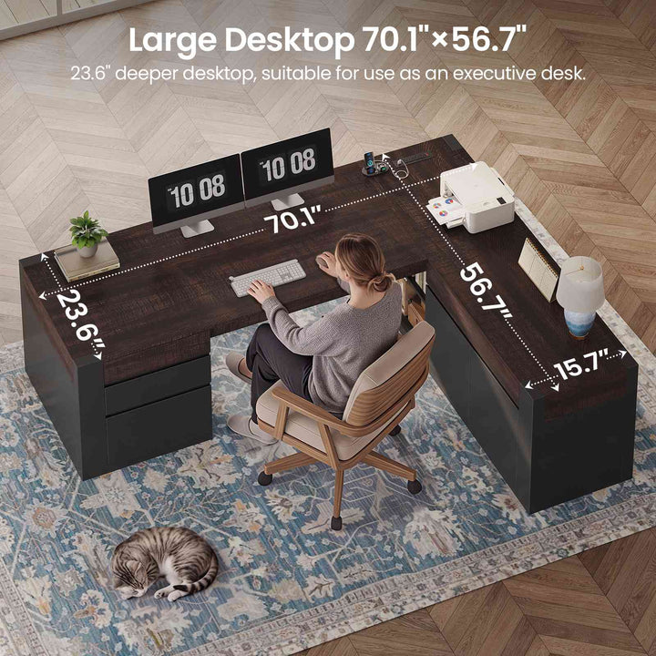 SEDETA 70.1 Inch Farmhouse Executive L Shaped Desk with Drawers Large Office Computer Desk with File Drawers Adjustable Storage Cabinet Power Outlet Modern L Desk for Home Office