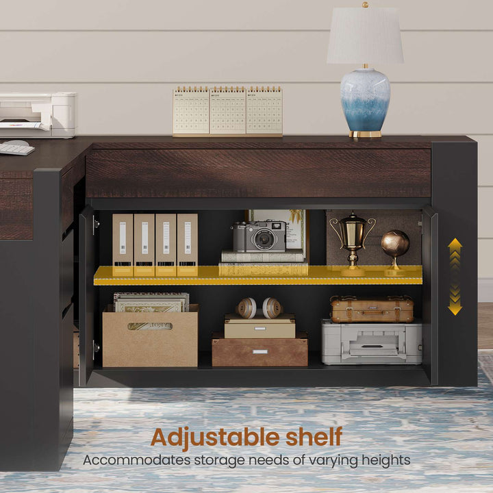 SEDETA 70.1 Inch Farmhouse Executive L Shaped Desk with Drawers Large Office Computer Desk with File Drawers Adjustable Storage Cabinet Power Outlet Modern L Desk for Home Office