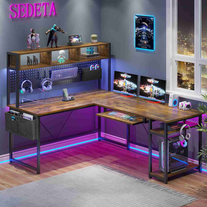 SEDETA® 67 Inch LED Gaming Desk Reversible L Shaped Computer Desk with Power Outlet Pegboard Storage Bag for Home Office