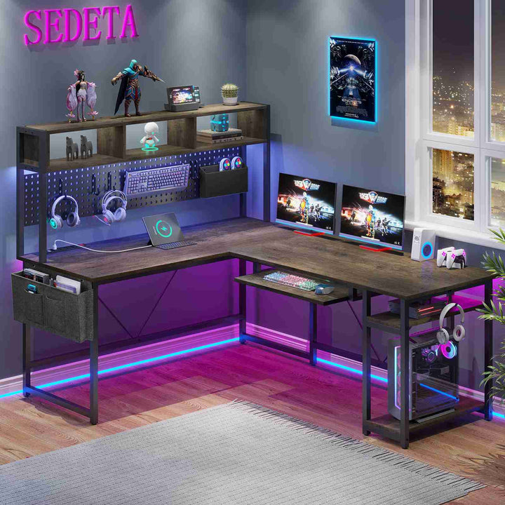 SEDETA® 67 Inch LED Gaming Desk Reversible L Shaped Computer Desk with Power Outlet Pegboard Storage Bag for Home Office