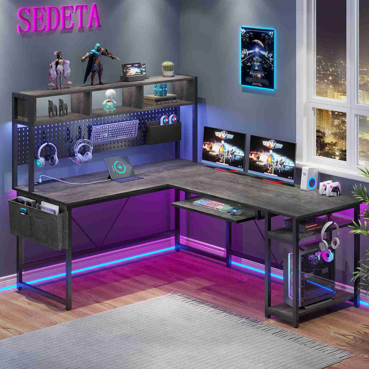 SEDETA® 67 Inch LED Gaming Desk Reversible L Shaped Computer Desk with Power Outlet Pegboard Storage Bag for Home Office