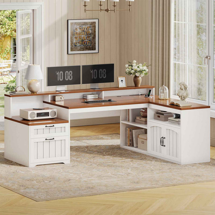 SEDETA® 59 Inch Farmhouse L Shaped Wood Computer Desk Corner Home Office Desk with File Drawers Storage Cabinet Monitor Stand Power Outlets