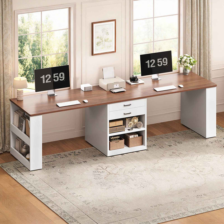 SEDETA® 90.5 Inch Two Person Computer Desk Long Office Desk Writing Desk with Two Drawers Storage Shelves for Home Office
