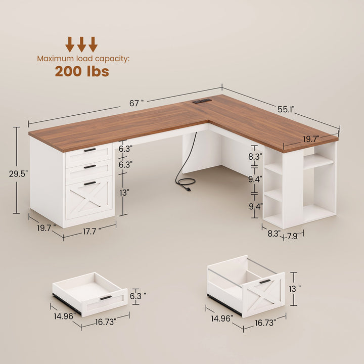 SEDETA 67 Inch Farmhouse L Shaped Executive Computer Desk with 3 Drawers Storage Shelves Power Outlets