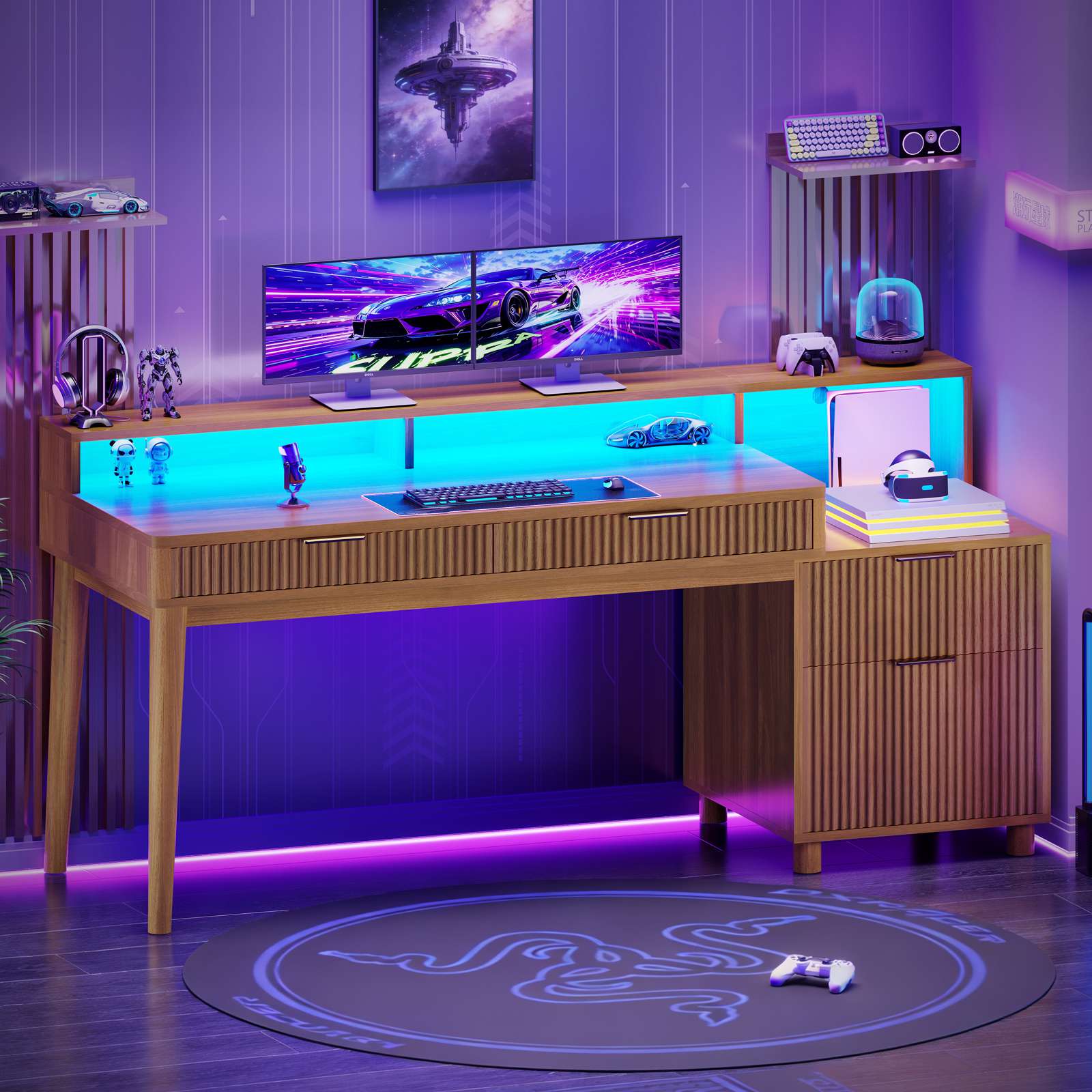 SEDETA 59 Inch Modern Office Desk with 4 Drawers Fluted Wood Gaming Co