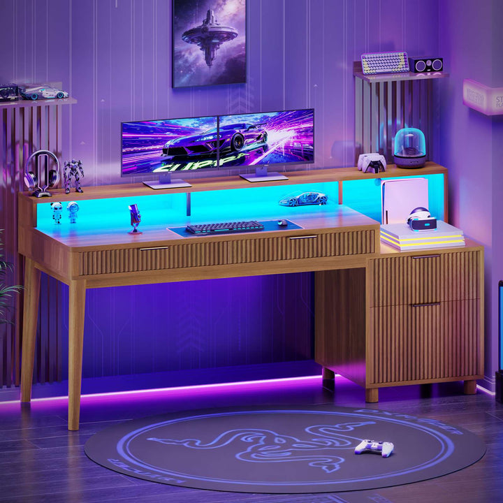 SEDETA® 59 Inch Fluted Wood Gaming Computer Desk with Storage Modern Office Desk with 4 Drawers LED Lights and Power Strip Writing Desk Study Table