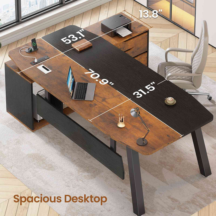SEDETA 71 Inch Executive Desk with File Cabinet Office Desk with Drawers and Shelves L Shaped Computer Desk with Power Outlets