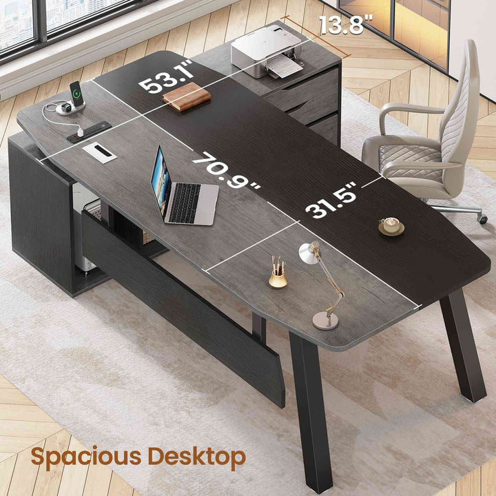 SEDETA 71 Inch Executive Desk with File Cabinet Office Desk with Drawers and Shelves L Shaped Computer Desk with Power Outlets