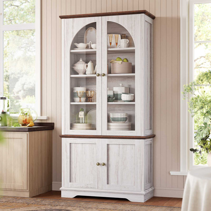 SEDETA 71 Inch Farmhouse Arched Bookcase with Glass Doors Tall Bookshelves with 4-Tier Wooden Pantry Storage Cabinet Adjustable Shelves