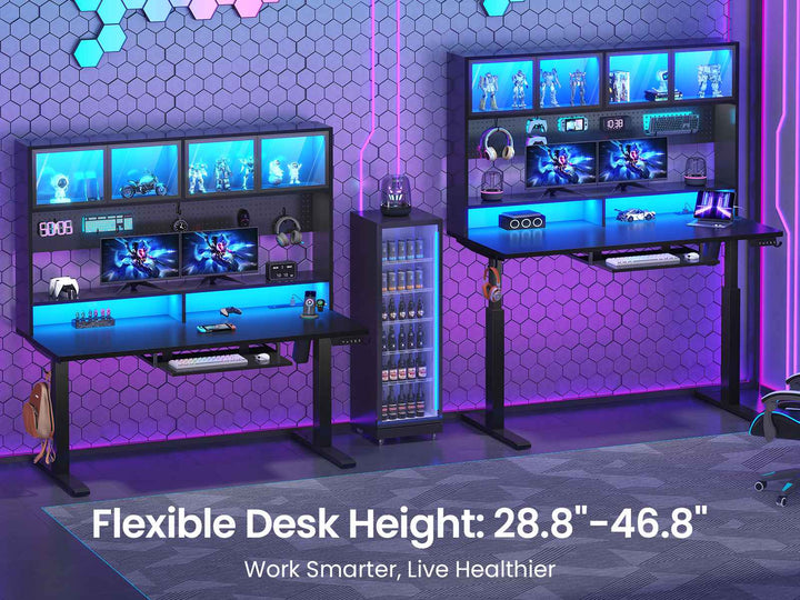 SEDETA 55 Inch Standing Desk Electric Height Adjustable Sit Stand Up Gaming Desk with Led Lights Power Outlet Storage Hutch and Pegboard