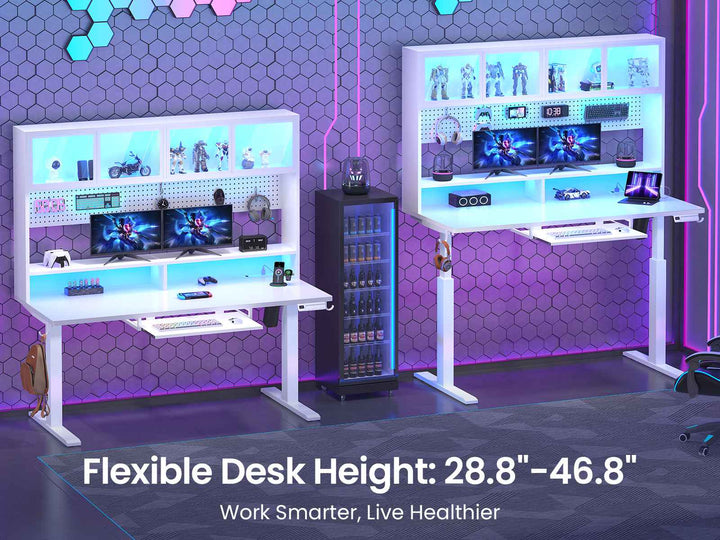 SEDETA 55 Inch Standing Desk Electric Height Adjustable Sit Stand Up Gaming Desk with Led Lights Power Outlet Storage Hutch and Pegboard