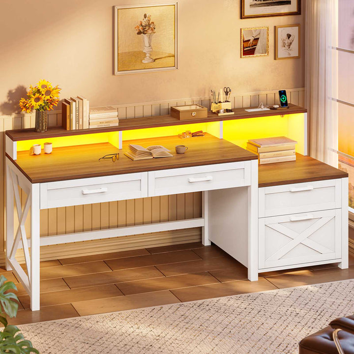 SEDETA 55 Inch Farmhouse Computer Desk with 4 Drawers Power Outlet Gaming Desk with Led Lights Storage Shelves Printer Cabinet