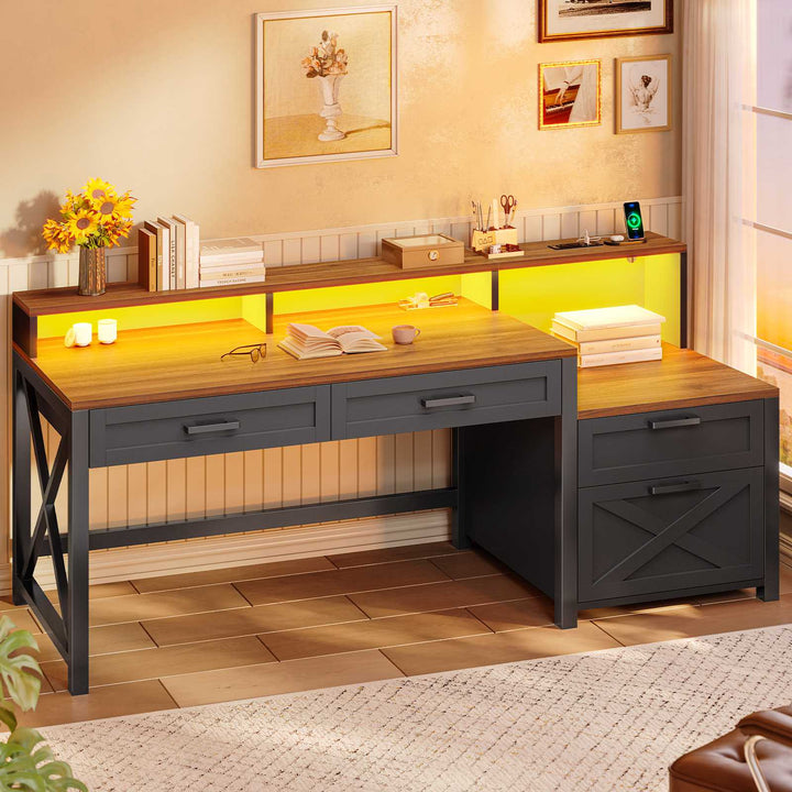 SEDETA 55 Inch Farmhouse Computer Desk with 4 Drawers Power Outlet Gaming Desk with Led Lights Storage Shelves Printer Cabinet