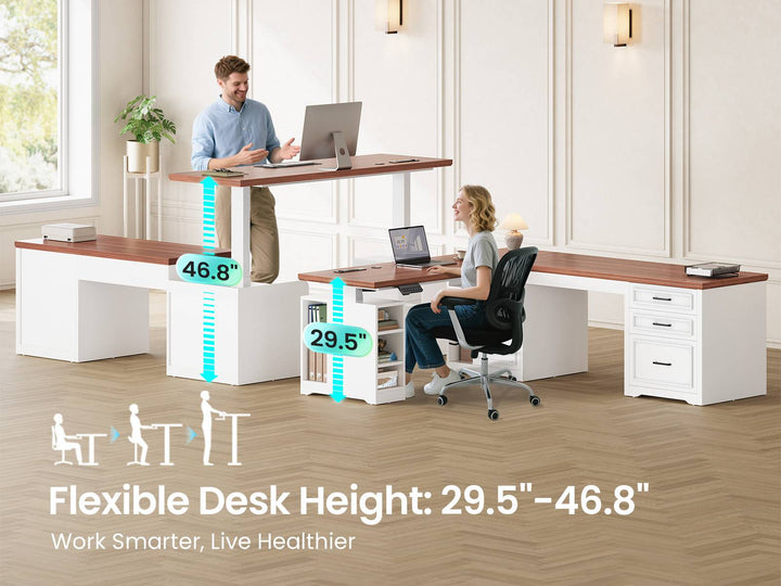 SEDETA 63 Inch L Shaped Electric Standing Desk Height Adjustable Computer Desk Farmhouse with Drawers Shelves and Power Outlet