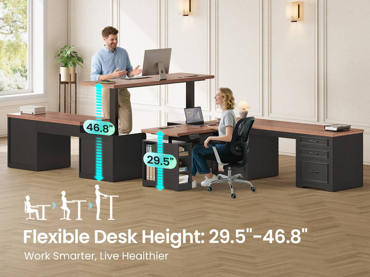 SEDETA 63 Inch L Shaped Electric Standing Desk Height Adjustable Computer Desk Farmhouse with Drawers Shelves and Power Outlet