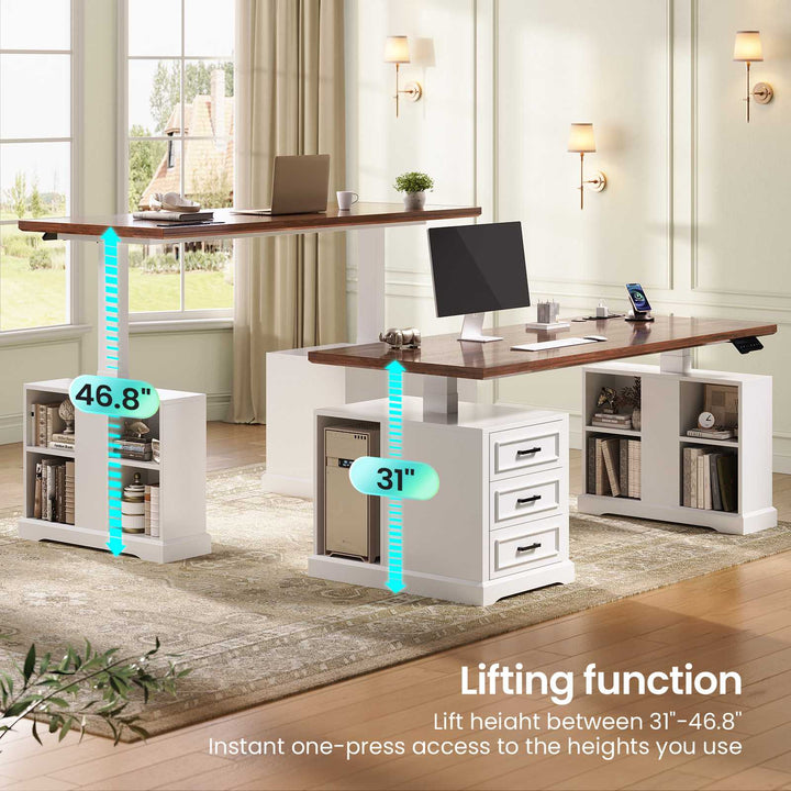 SEDETA 63 Inch Farmhouse Electric Standing Desk with 3 Drawers Storage Shelves Height Adjustable Computer Desk with Power Outlets