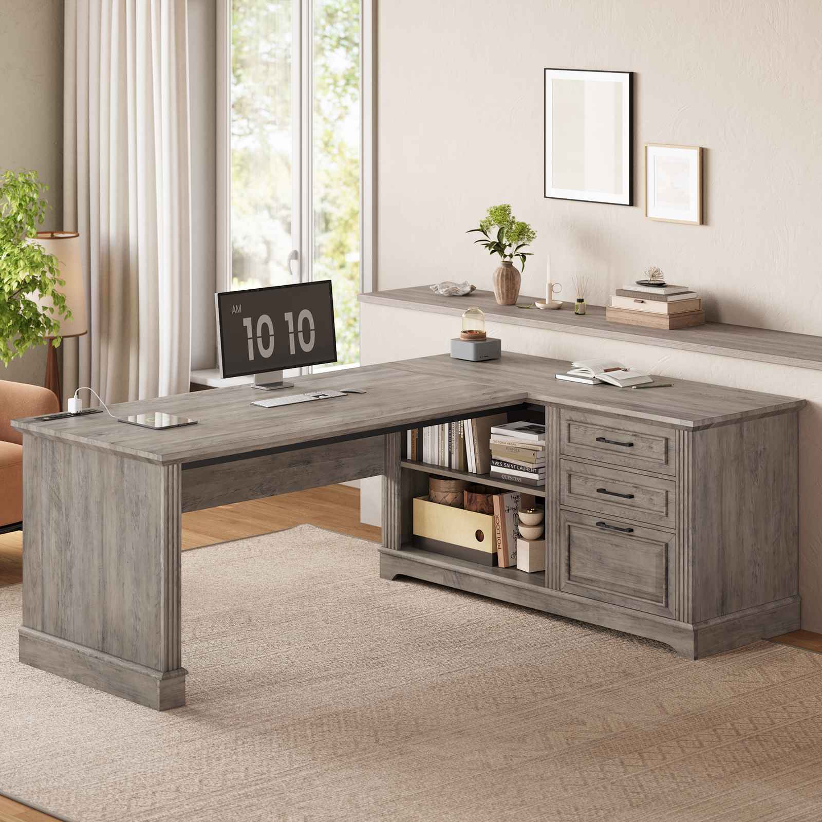 SEDETA® 61 Inch L Shaped Farmhouse Executive Computer Desk with Power